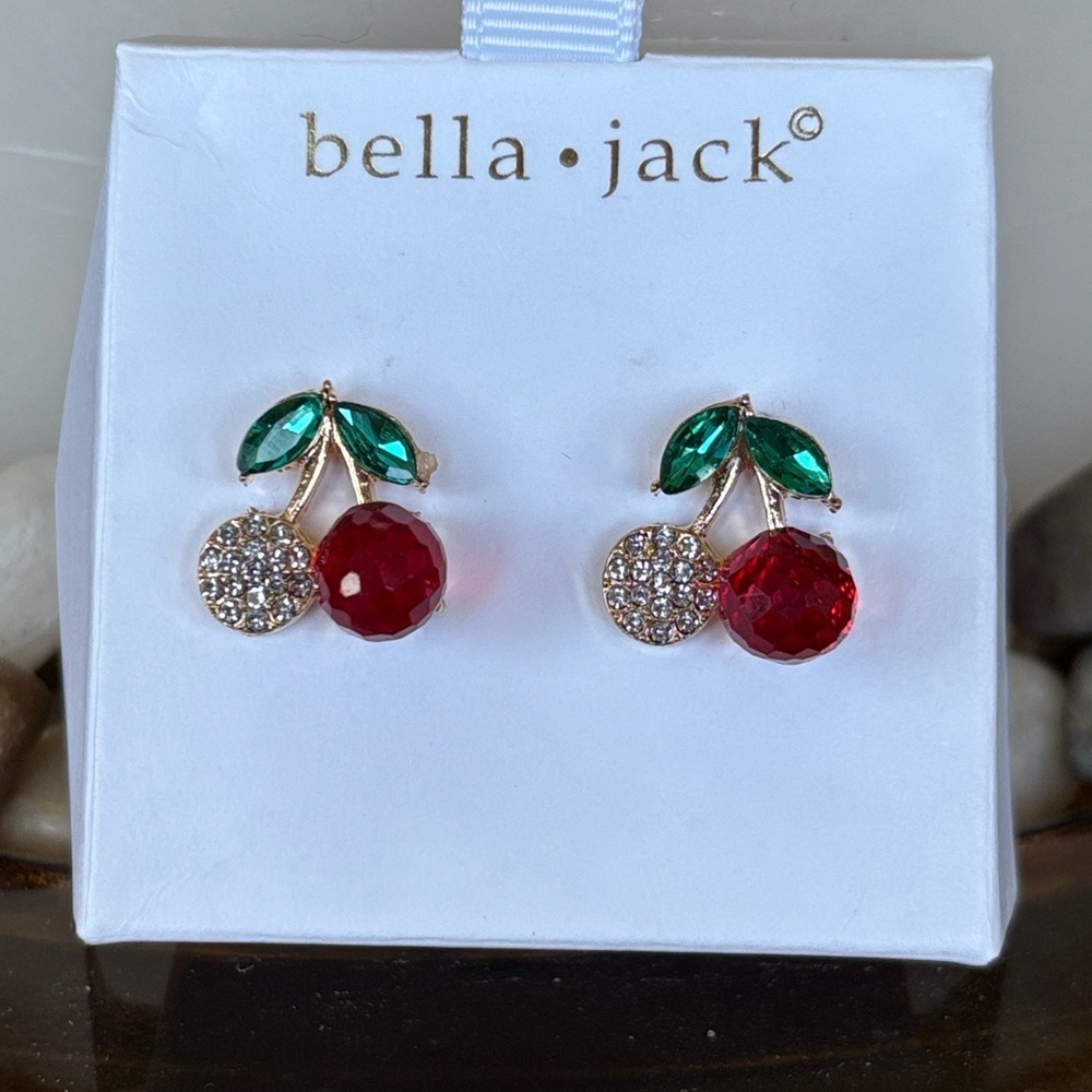 Brand New Bella Jack Red Cherries Crystal Rhinestone Post Earrings Studs Pierced - Picture 8 of 12